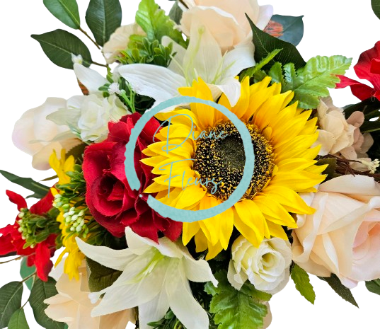 Aranjament pentru cimitir de floarea soarelui, trandafiri, gladiole si accesorii 80cm x 50cm x 24cm