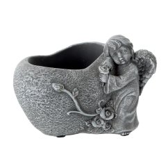 Dekoračný kameninový črepník srdce s anjelom 15,5cm x 13cm x 12,5cm