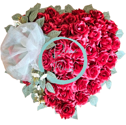 Smuteční věnec "Srdce" z Růží a listů Břízy 60cm x 60cm červená & zelená umělý AS619