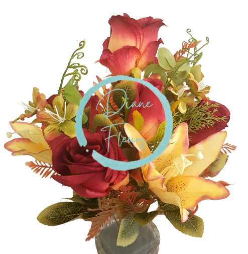 Buchet de Trandafiri & Crini x12 48cm burgundia & galben flori artificiale