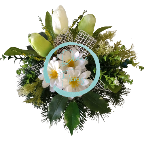 Smútočný aranžmán betonka umelé tulipány, margarétky & doplnky Ø 25cm x 30cm