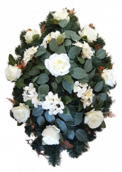 Pogrebni vijenac "ovalan" od umjetnih ruža, hortenzije i dodaci 75cm x 40cm kremasta, zelena