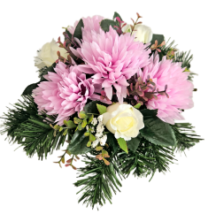 Aranjament funerar cu crizanteme artificiale, trandafiri și accesorii 28cm x 18cm AS1090