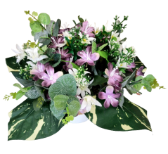 Selecție de flori artificiale într-un ghiveci de flori 35cm x 24cm violet, verde, crem