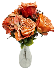 Изкуствен букет от рози, хортензии и аксесоари 44 см оранжеви