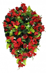 Smuteční věnec s umělými růžemi a gladiolami mečíky 100cm x 60cm červená, zelená