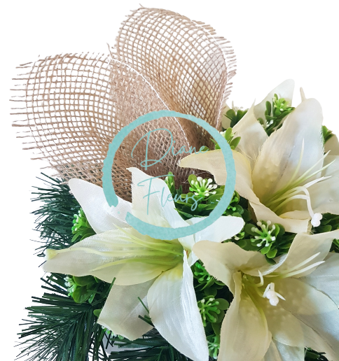 Smútočný aranžmán betonka umelé ľalie & doplnky Ø 28cm x 18cm