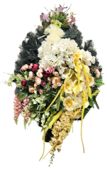 Temetési koszorú "Könny" hortenzia, bazsarózsa, krizantém, orchidea és kiegészítők 100cm x 55cm