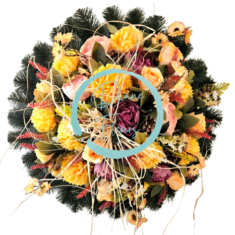 Luksuzen venec iz umetnega bora Ekskluzivne krizanteme, vrtnice, potonike in dodatki 70cm