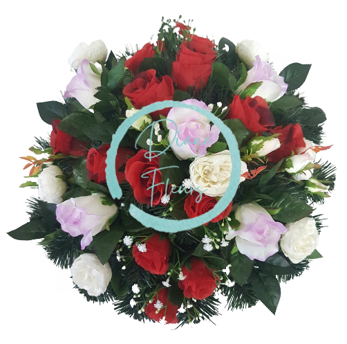 Wianek żałobny ze sztucznych róż i piwonii 44cm kolor czerwony, fioletowy, kremowy