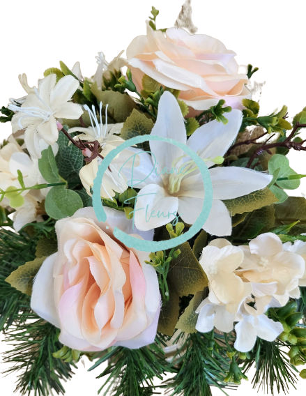 Sympathy arrangement made of artificial Lilies, Roses, Hydrangeas and Accessories Ø 30cm x 30cm
