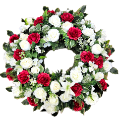 Погребален венец от бор, ексклузивни рози, божури и аксесоари 85 см AS1044