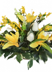 Sympathy arrangement made of artificial Lilies, Tulips, Golden Shower and Accessories 60cm x 30cm x 34cm