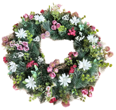 Künstliche Trauerkranz Exklusiv Rosen, Gänseblümchen, kleine Blumen, Disteln und Zubehör 80cm