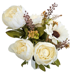 Buchet artificial luxos de bujori și floarea-soarelui 50cm crem