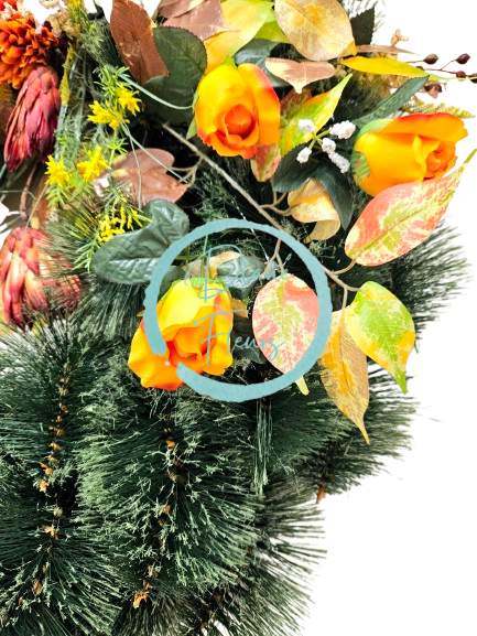 Luxusný smútočný veniec borovicový exclusive ruže, ľalie, chryzantémy a doplnky 90cm