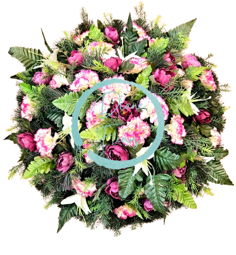 Umelý veniec karafiáty, pivonky, ľalie a doplnky 60cm