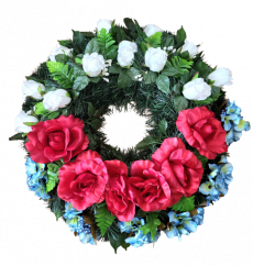 Nagrobni venec z umetnimi vrtnicami in hortenzijami O 65cm bela, zelena, modra