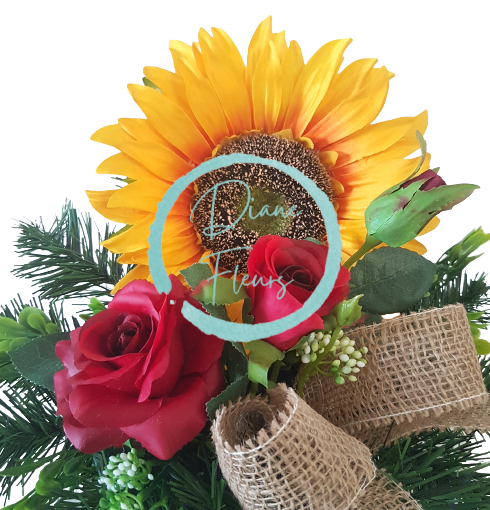 Smuteční aranžmán betonka exclusive umělá slunečnice, růžičky a doplňky 28cm x 28cm AS411