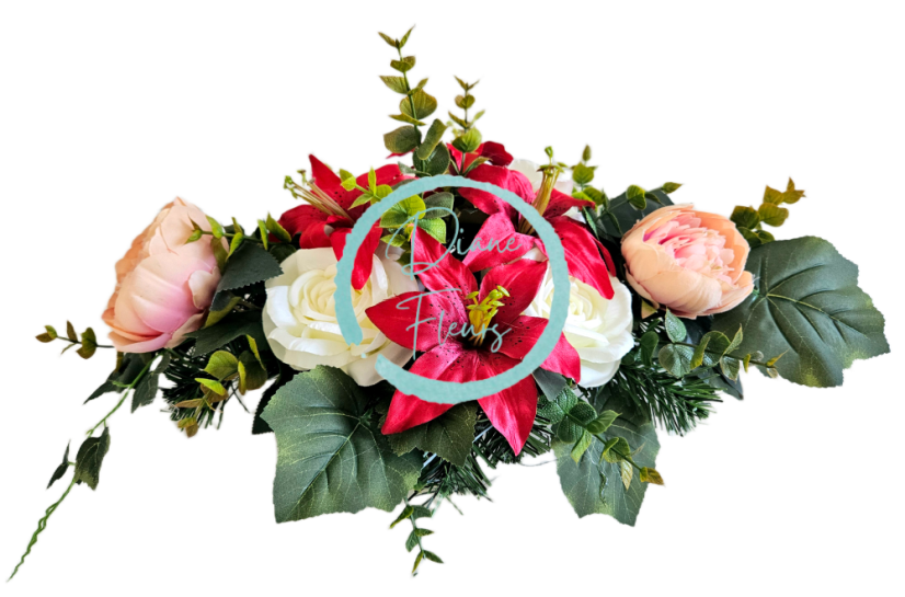 Díszített betontál fenyőből rózsa, bazsarózsa, liliomok és kiegészítők 55cm x 35cm x 23cm AS1078