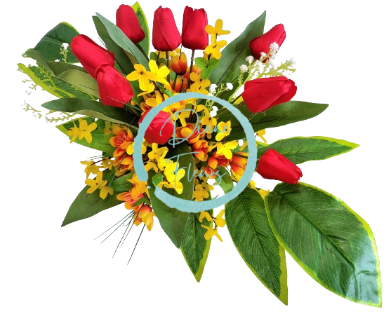 Sympathy arrangement made of artificial Tulips, Golden Shower and Accessories 67cm x 35cm x 25cm