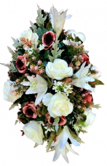 Coroană artificială de lux Decorată cu trandafiri, crini și accesorii 70cm x 40cm x 25cm