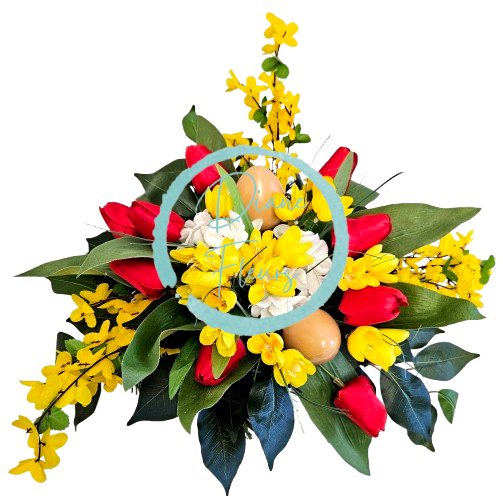 Composizione in cemento con tulipani artificiali, pioggia dorata, violette, uova di Pasqua e accessori 50 cm x 40 cm x 23 cm AS985