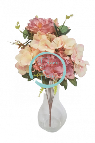 Peónia & Hortenzia kytica 48cm ružová umelá