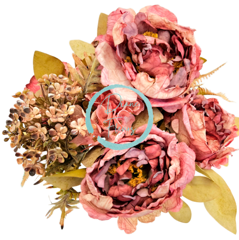 Künstlicher Strauß aus Pfingstrosen, Hortensien und Accessoires 48cm Rosa