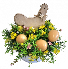 Veľkonočná dekorácia na stôl Sliepočka s vajíčkami a doplnkami 24cm x 24cm
