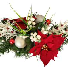 Trauergesteck aus künstliche Poinsettia Weihnachtsstern, Beeren, Weihnachtskugel und Zubehör 50cm x 28cm x 28cm