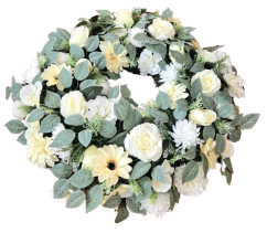 Temetési fenyőkoszorú Exkluzív rózsák, krizantém, dáliák, clematis és kiegészítők 80cm