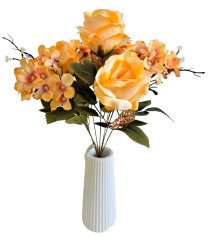 Artificial Roses and Hydrangea Bouquet x7 44cm Orange