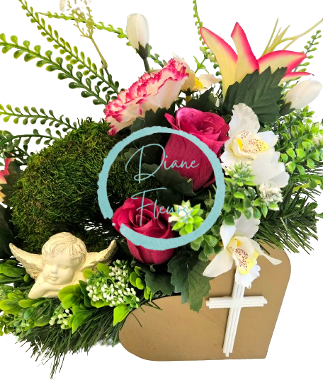 Trauergesteck aus künstliche Rosen, Lilien, Engel, Mooskranz und Zubehör 50cm x 20cm x 25cm