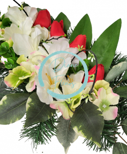 Trauergesteck aus künstliche Tulpen, Hortensie, Gladiole und Zubehör 52cm x 26cm x 15cm