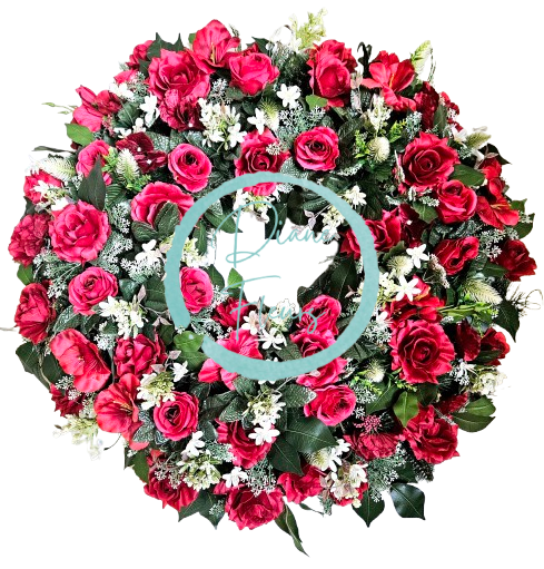 Smuteční věnec borovicový exclusive růže, drobné kvítky, bodlák a doplňky 70cm AS1006