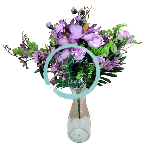 Buchet artificial de lux de trandafiri, orhidee, margarete 50cm violet