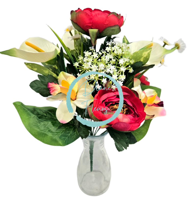 Mazzo artificiale di peonia, alstroemeria, calla e accessori 42 cm rosso