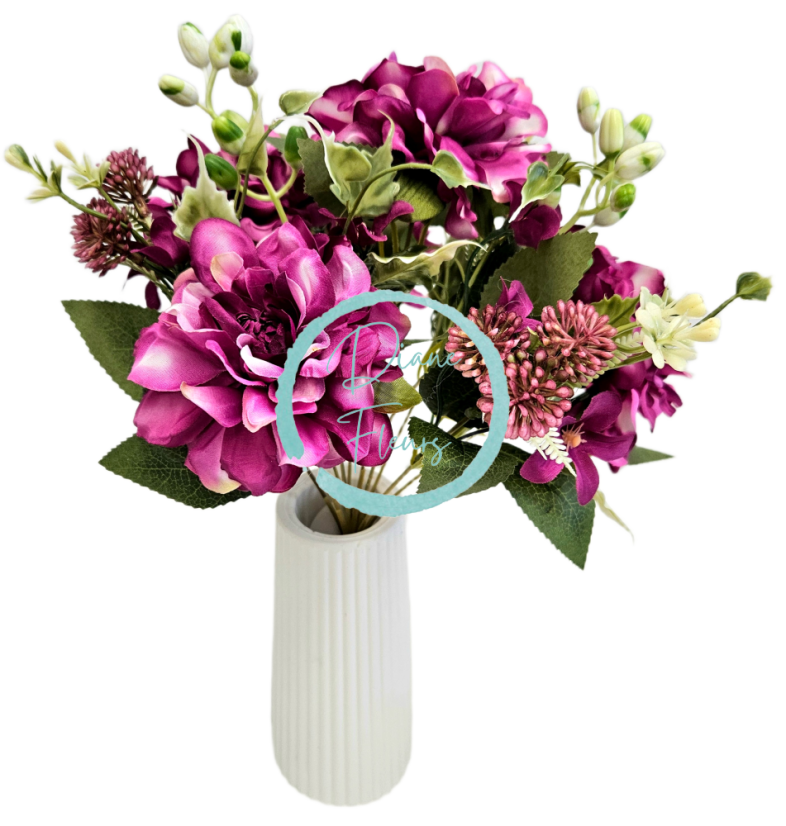 Piękny sztuczny bukiet dalii z dodatkami 38cm fioletowy