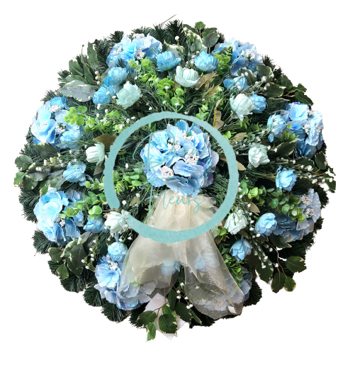 Smútočný veniec kruh umelé peónie pivonky, hortenzie a doplnky Ø 80cm
