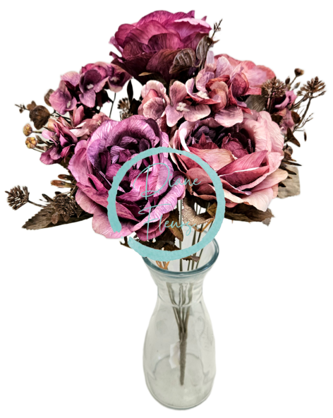 Artificial Roses & Hydrangea Bouquet 48cm Purple, Pink