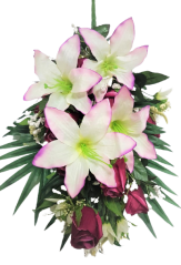 Künstliche Rosen und Lilien Strauß x18 62cm Weinrote, Lila und Creme