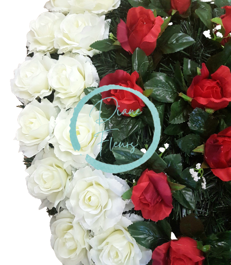 Coroana funerara „Inimă” din trandafiri 80cm x 80cm rosu & bej flori artificiale