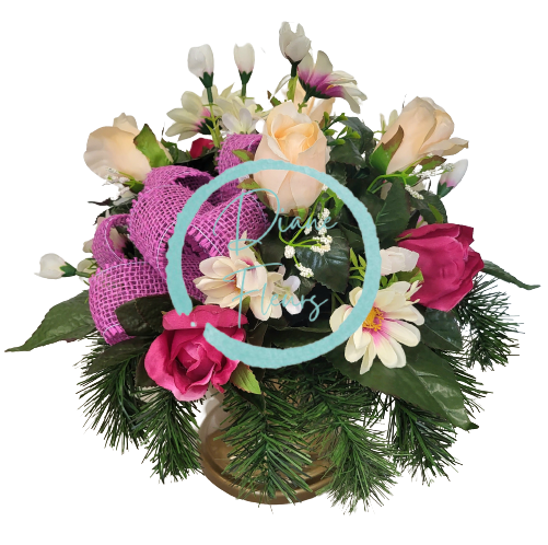 Sympathy arrangement made of artificial Marguerites Daisies, Roses and Accessories Ø 35cm x 35cm