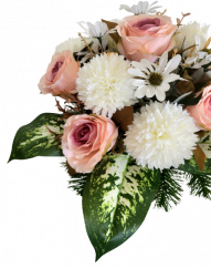 Trauergesteck aus künstliche Chrysanthemen, Rosen und Zubehör 40cm x 40cm