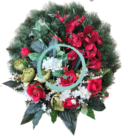 Smuteční věnec borovicový Exclusive Růže & Gladioly Mečíky & Pivoňky & Hortenzie & Doplňky 85cm AS511
