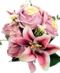 Umjetni buket božuri, ljiljani, hortenzije i dodaci 46cm ružičasta