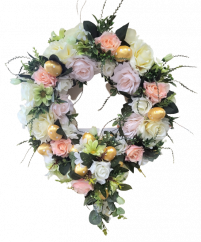 Luksuzni pleteni vijenac s uskršnjim jajima ukrašen umjetnim ružama, tratinčicama i dodacima Ø 42cm x 59cm