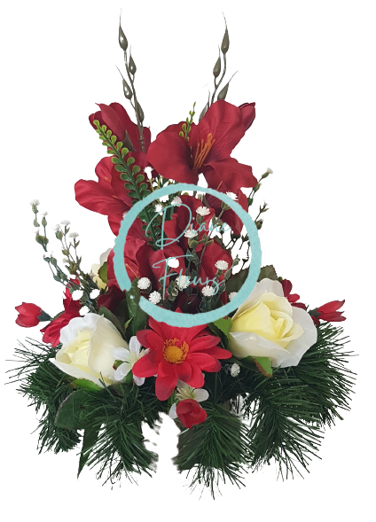 Smútočný aranžmán betonka exclusive umelá ruža, gladiola a doplnky Ø 27cm x 32cm