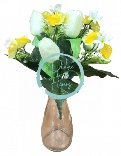 Künstliche Tulpen & Narzissenstrauß x12 33cm Creme, Gelb